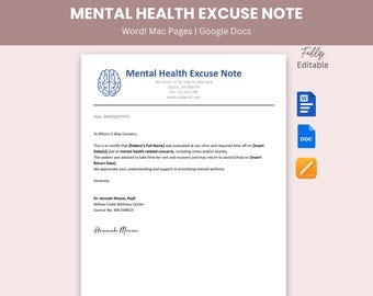 Mental Health Medical Excuse Note Template for Work or School, Doctor Note for Sick Leave | Editable in Word, Google Docs, Instant Download