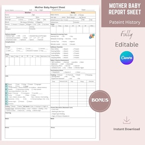 Hoja de informe de enfermería de madre a hijo editable de Medsurg, hoja de informe de enfermería posparto, transferencia de turno de enfermera, hoja de cerebro de enfermera de trabajo de parto y parto