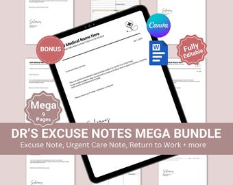 Doctor Excuse Note Mega Bundle, Dr Note Template with Signature, Return to work, Dr Note, Urgent Care Medical Excuse Note, Back to Work