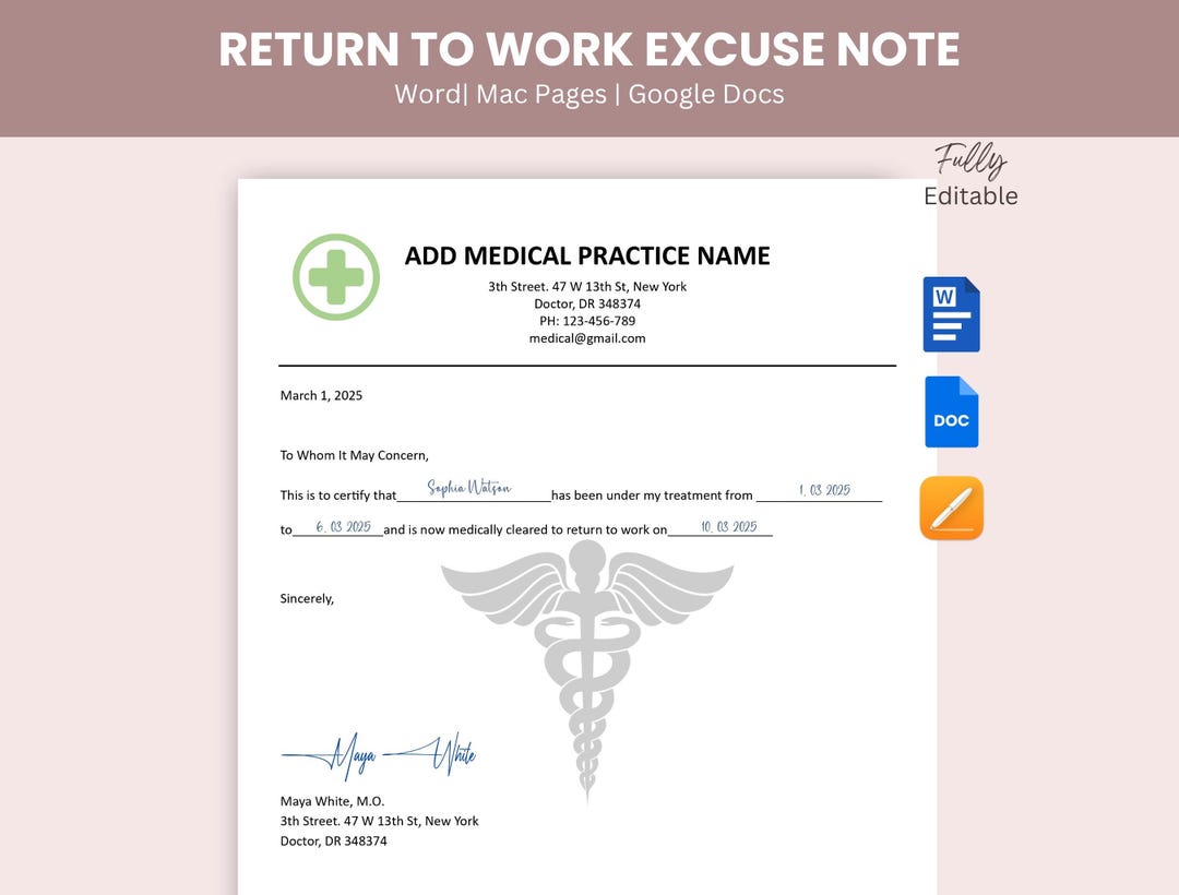 Return to Work Excuse Note, Editable Return to Work Note, Dr Excuse ...
