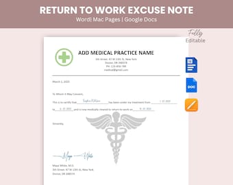 Return to Work Excuse Note, Editable Return To Work Note, Dr Excuse Note, Dr Note Template, Return to work, Urgent Care Medical Excuse Note