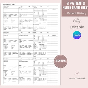 May include: Printable nurse brain sheet template for tracking patient information. The sheet includes sections for patient name, sex, age, admit date, allergies, history of present illness, cardiac, respiratory, GI, skin/wounds, musculoskeletal, labs, complaint, IV sites, drips/fluids, time, and medication. The template is fully editable and includes a bonus section. The text "3 Patients Nurse Brain Sheet + Patient History" is at the top of the sheet. The text "Fully Editable" is in a larger font size and the text "Canva" is in a circle. The text "BONUS" is in a rectangle. The text "Instant Download" is at the bottom of the sheet.
