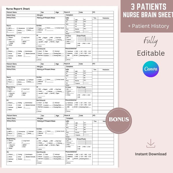 Hoja de informe de enfermería para 3 pacientes editable, UCI de enfermería, Hoja de cerebro de enfermera, Hoja de informe de cirugía médica, Hoja de informe de varios pacientes, Transferencia de enfermería