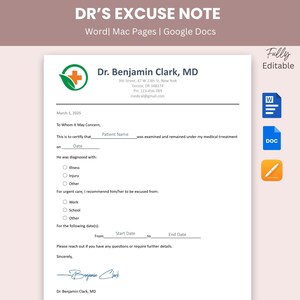 May include: A white medical excuse note with the text "DR'S EXCUSE NOTE" at the top. The note includes a doctor's name, patient information, and checkboxes for illness or injury. The note is fully editable.