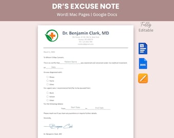 Doctor Excuse Note Word, Dr Note Template with Signature, Drs Excuse Note Pages and Google doc Urgent Care Medical Excuse Note, Back to Work