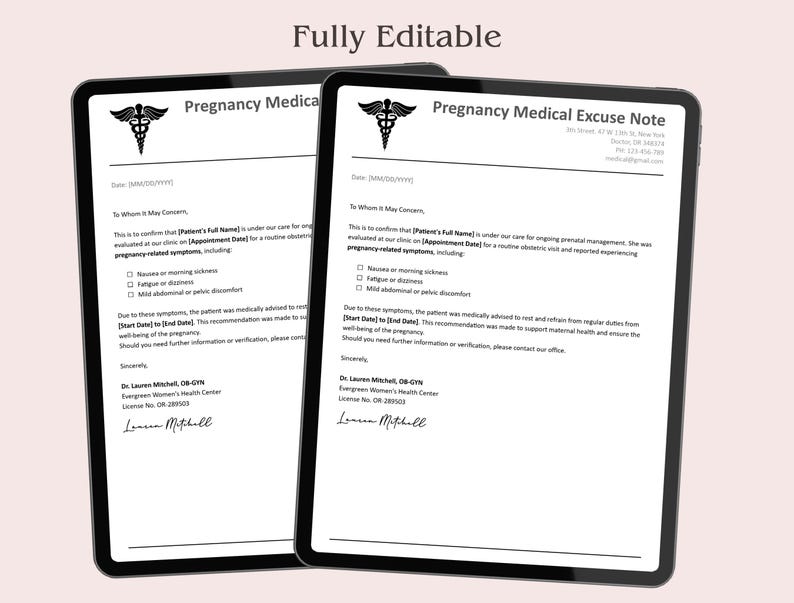 Urgent Care Pregnancy Excuse Letter Template ,editable Doctor Note for ...