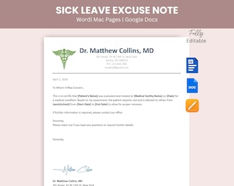 Sick Leave Excuse Note Form, Editable Return To Work Note, Dr Excuse Note, Dr Note Template, Return to work, Urgent Care Medical Excuse Note