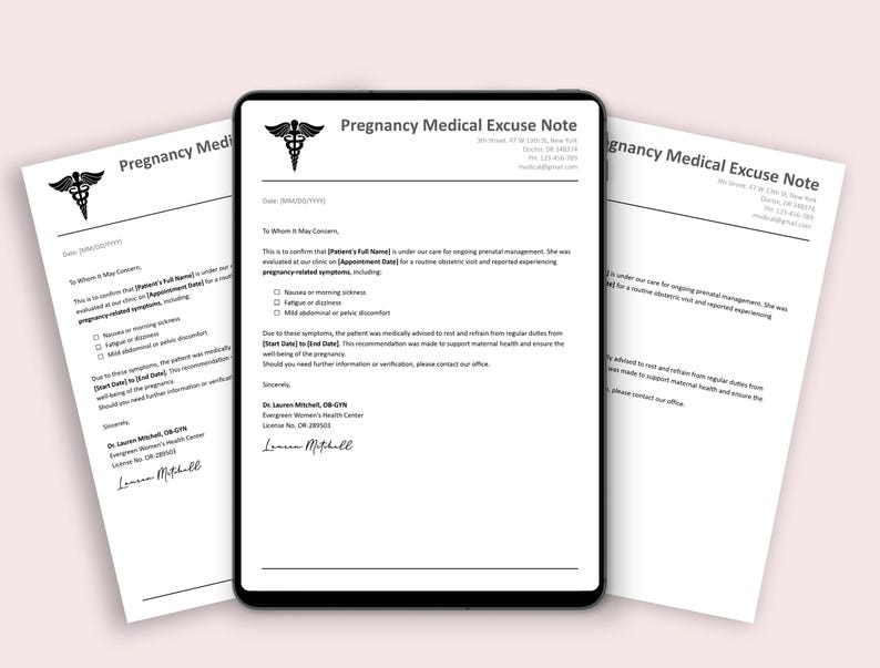 Urgent Care Pregnancy Excuse Letter Template ,editable Doctor Note for ...