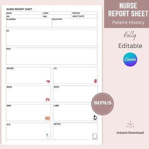 May include: A printable nurse report sheet template with sections for patient information, vital signs, and notes. The template includes icons for different body systems, such as the brain, heart, lungs, and skin. The text "NURSE REPORT SHEET" and "Pateint History" is at the top of the page. The text "Fully Editable" and "Canva" is at the bottom of the page.