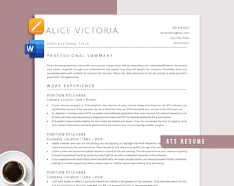 ATS Resume Template Word and Pages, Ats Friendly Resume, Modern ATS Friendly Resume, Professional Resume Template ATS, Modern Simple Cv