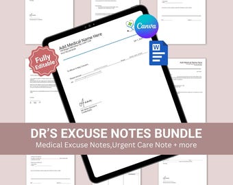 Doctor Excuse Note Bundle, Dr Note Template with Signature, Return to work, Editable Dr Note, Urgent Care Medical Excuse Note, Back to Work