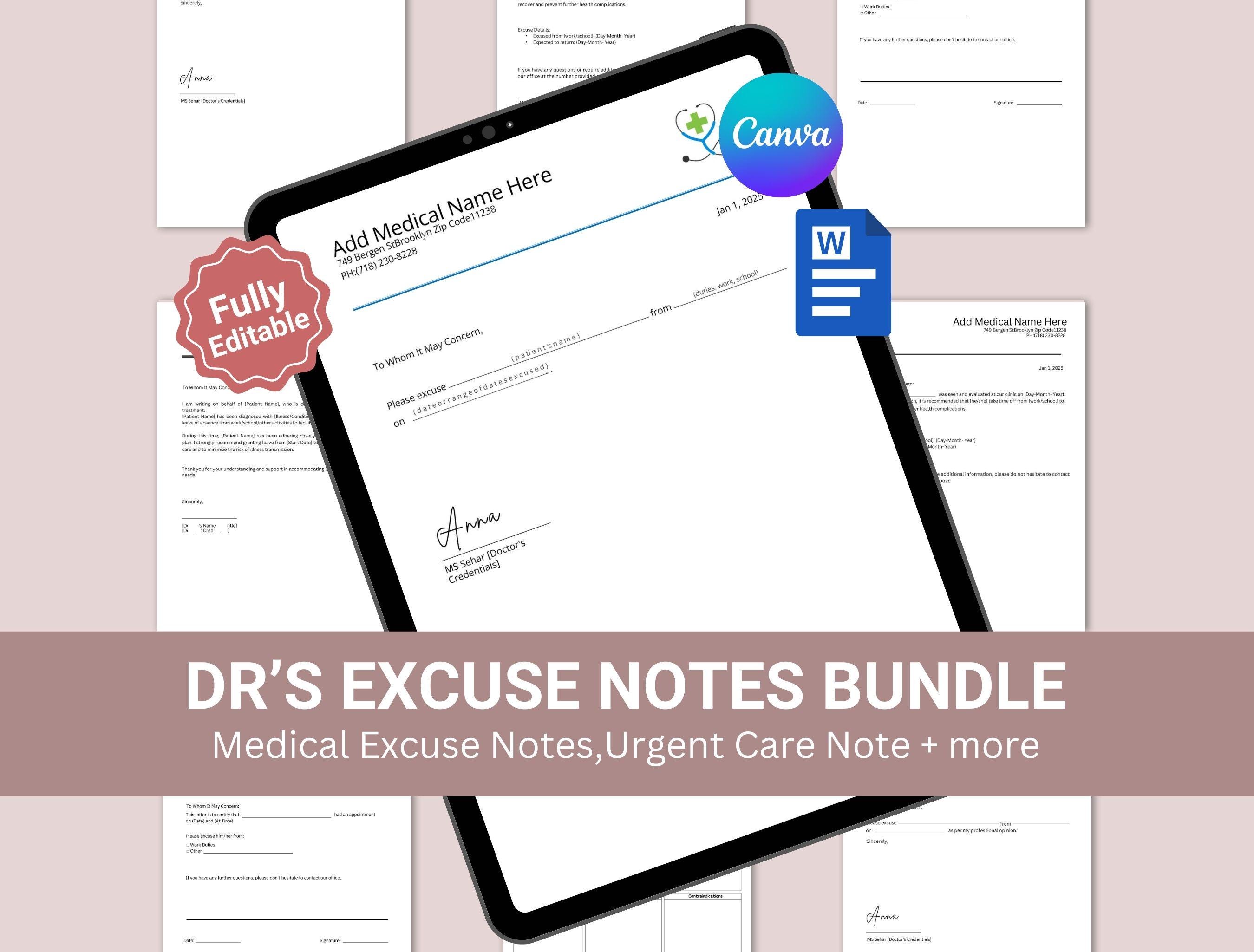 Doctor Excuse Note Bundle, Dr Note Template With Signature, Return