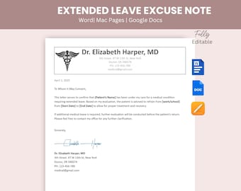 Extended Leave Excuse Note Template with Signature, Doctor Excuse Note, Dr Note for Work Excuse Template, Doctor Excuse Letter for School