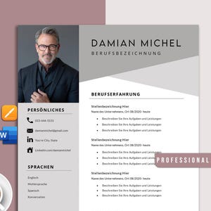 May include: A professional resume template with a photo of a man wearing glasses. The resume includes sections for personal information, work experience, and languages. The text includes the name "Damian Michel" and the word "Professional".