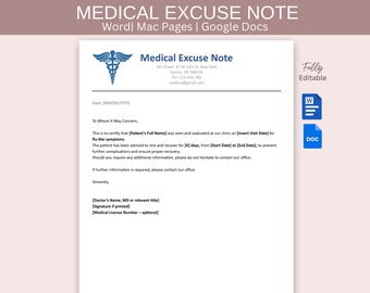 Medical Excuse Note Template for Work or School | Doctor Note for Sick Leave | Editable in Word, Google Docs & Canva | Instant Download