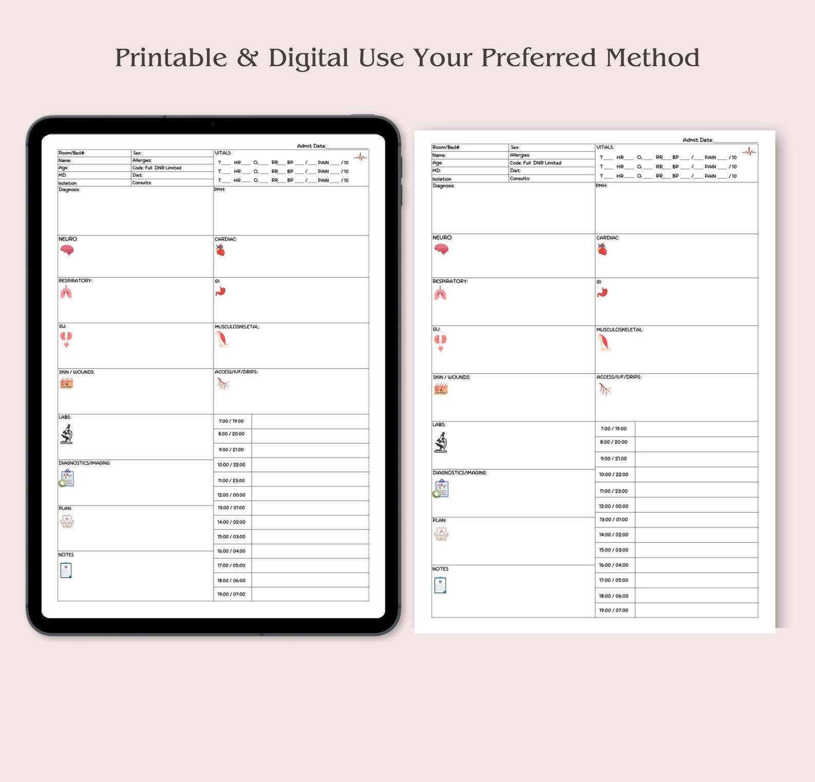 Nurse Brain Sheet, Editable Patient Nursing Report Sheet Hourly ...