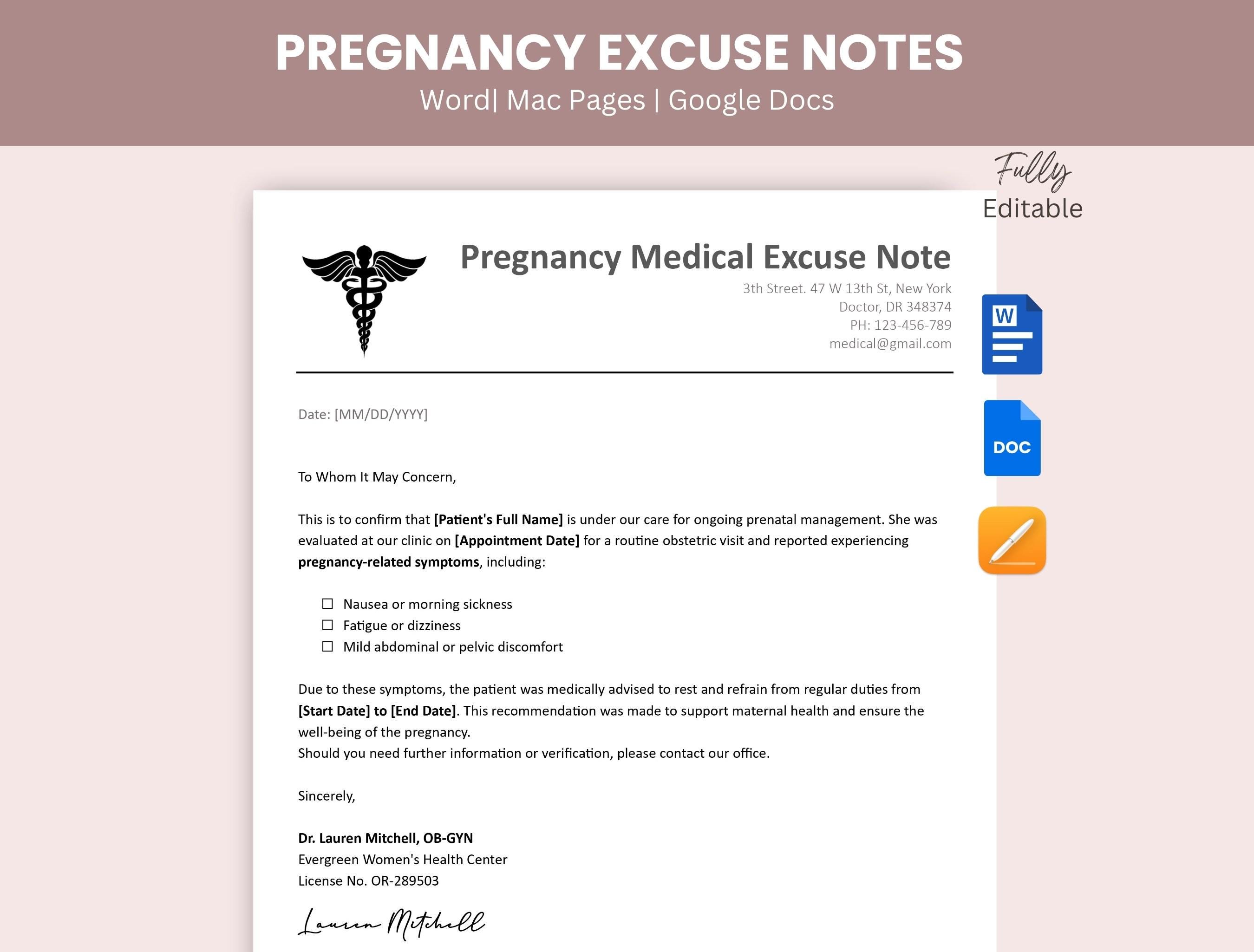 Urgent Care Pregnancy Excuse Letter Template ,editable Doctor Note for ...