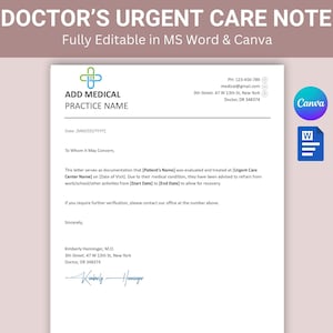 Nota di pronto soccorso del medico, nota modificabile di ritorno al lavoro, nota di scusa del medico, modello di nota del medico, ritorno al lavoro, nota di scusa medica di pronto soccorso
