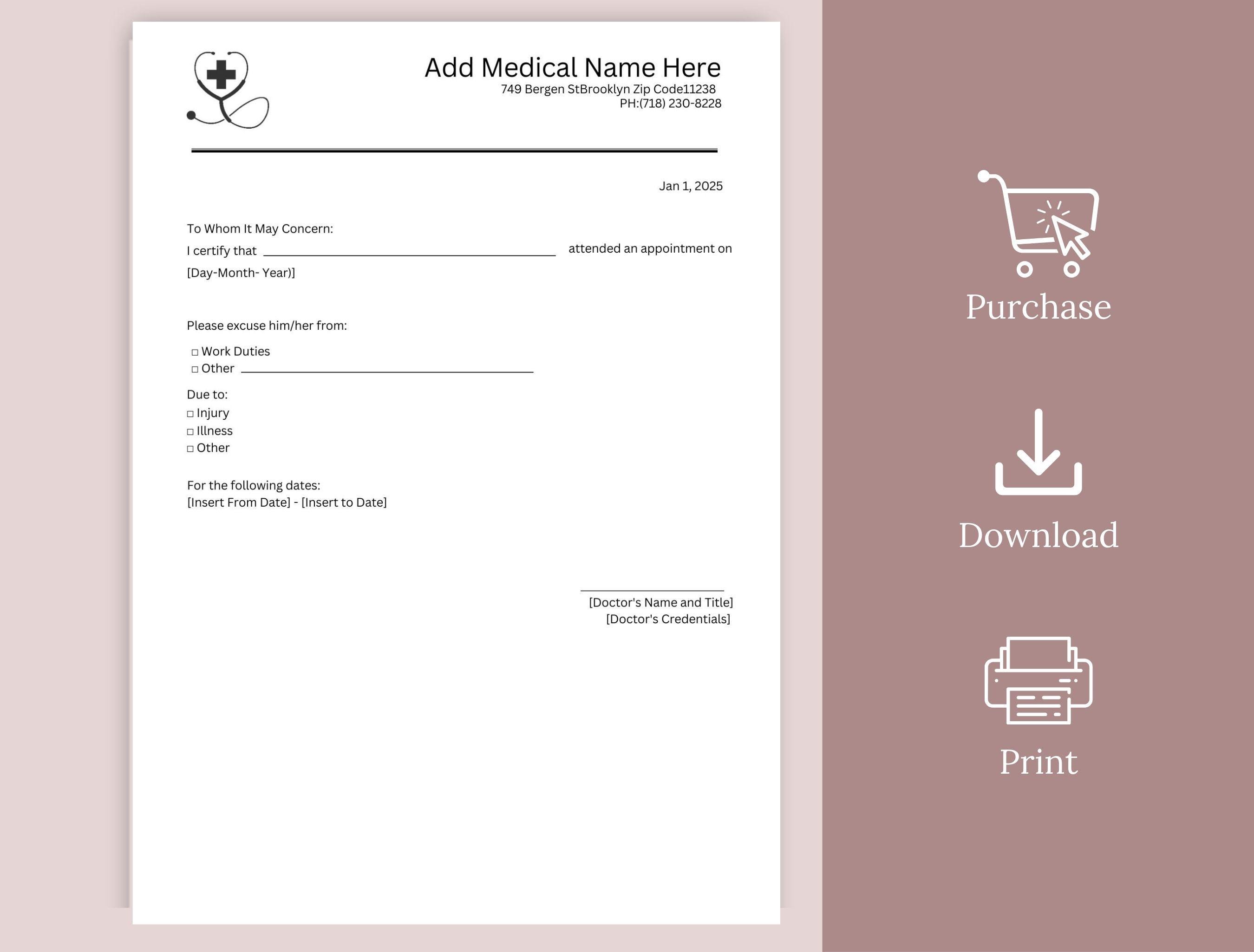 健康・医学 year note/Quick Check Doctors Urgent Care Note, Editable Return to Work Note, Dr