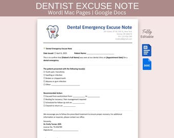 Editable Dental Emergency Excuse Note Template | Printable Doctor Note for Work or School | Tooth Pain Medical Excuse Form, Instant Download