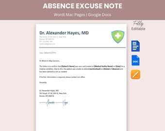 Absence  Note, Editable Return To Work Note, Dr Excuse Note, Dr Note Template, Return to work, Urgent Care Medical Excuse Note
