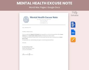 Mental Health Excuse Note Template for Work or School, Doctor Note for Sick Leave, Editable in Word, Google Docs, Pages Instant Download