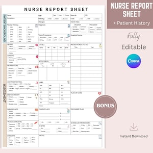 May include: A printable nurse report sheet template in pink and white with the text "Nurse Report Sheet" and "Patient History" in black. The template includes sections for patient background, assessment, medications, vitals, labs, drips/fluids, and more. The template is fully editable and can be used in Canva.