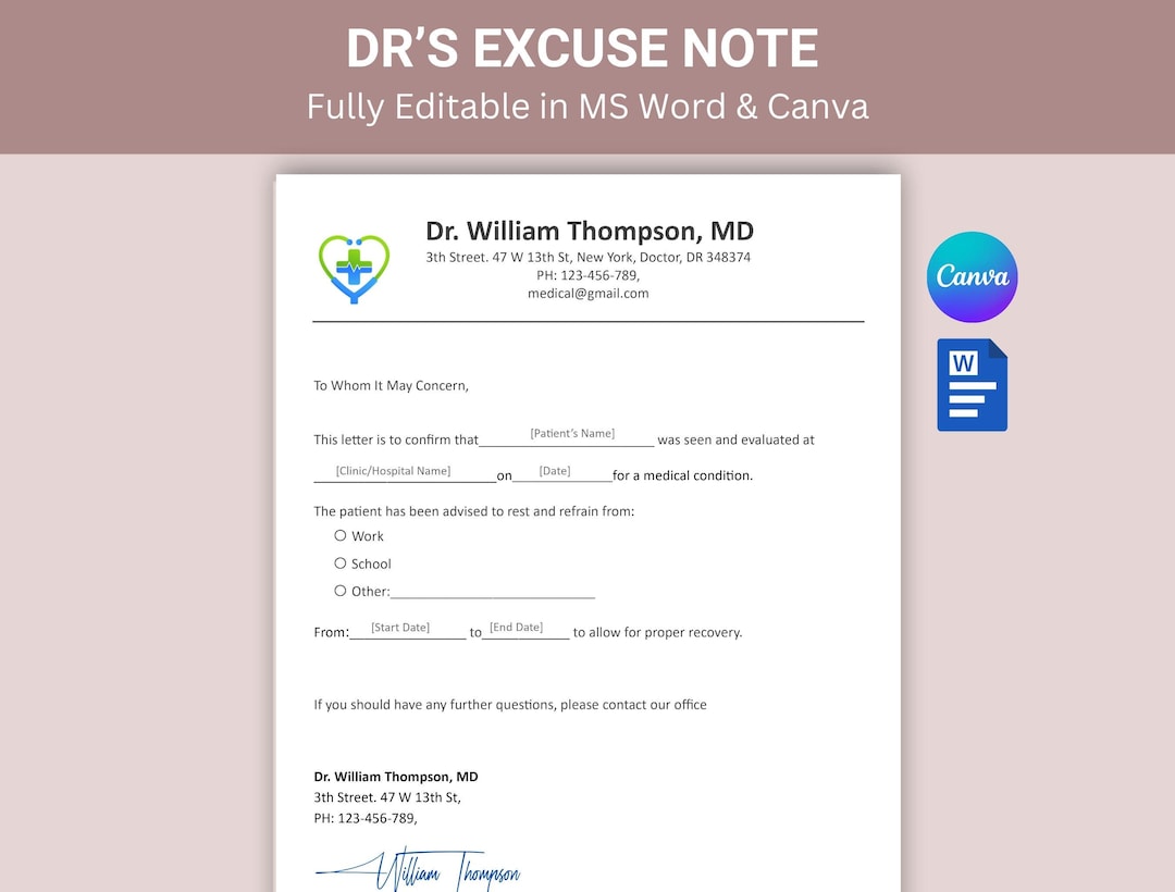 Drs Excuse Note, Editable Dr Note, Doctor Excuse Note, Dr Note