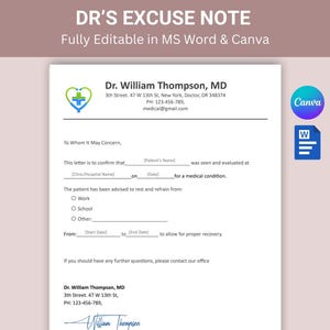 Nota de excusa médica, nota médica editable, nota de excusa médica, plantilla de nota médica con firma, nota de excusa médica de atención de urgencia, regreso al trabajo Canva