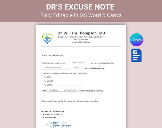 Drs Excuse Note, Editable Dr Note, Doctor Excuse Note, Dr Note Template ...