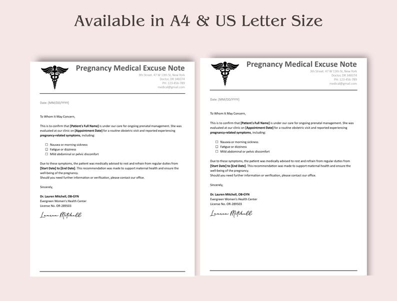 Urgent Care Pregnancy Excuse Letter Template ,editable Doctor Note for ...
