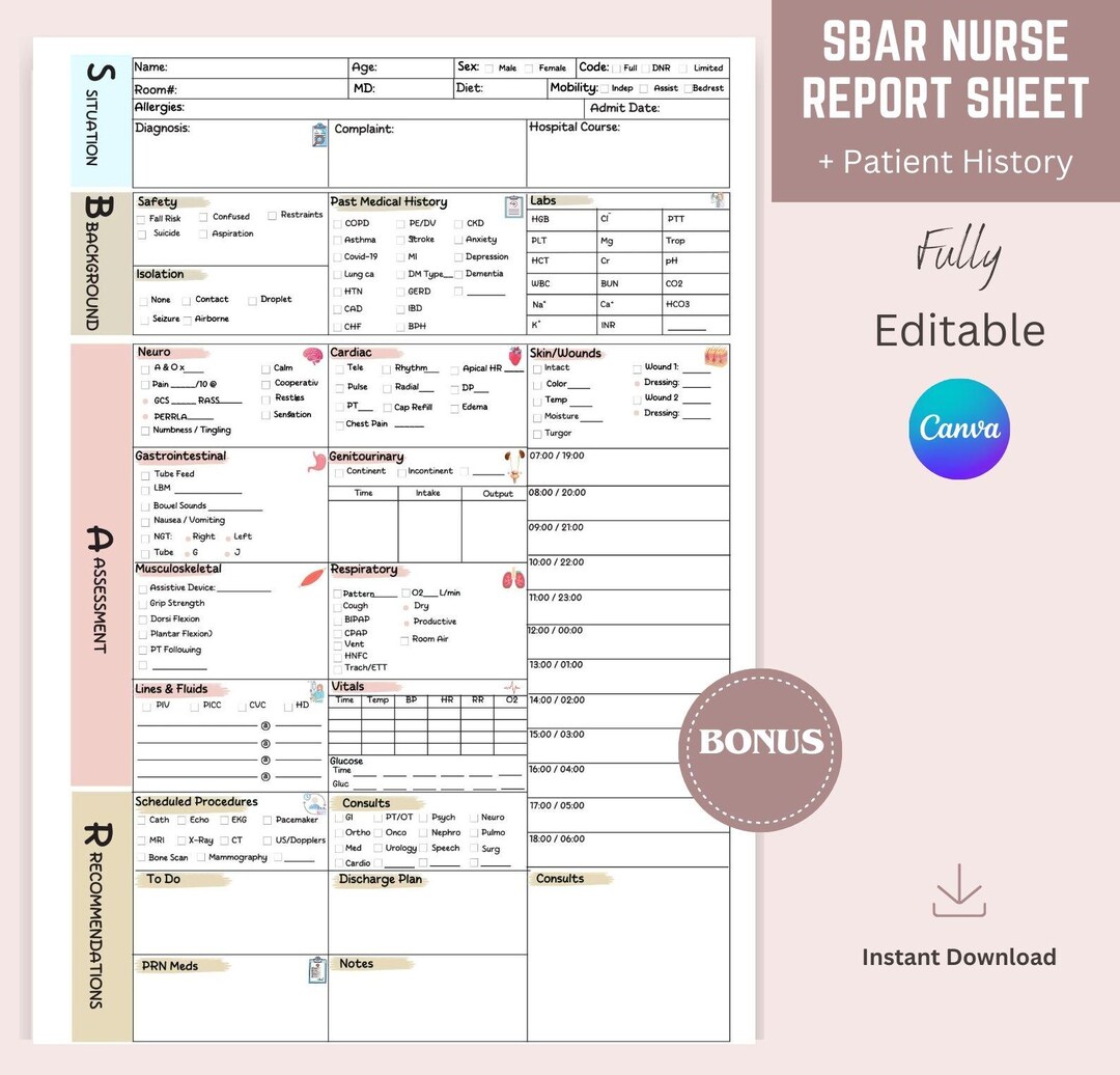 SBAR Nurse Report Sheet, Editable Report Sheet, Med Surg Nurse Brain ...