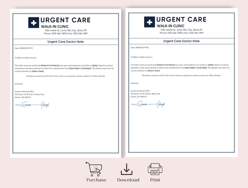 Urgent Care Excuse Note Template for Work or School | Doctor Note for ...