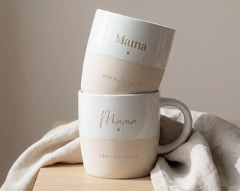 Personalisierte Tasse und Becher mit Gravur | Muttertags- & Geburtstagsgeschenk für Mama, Keramik Steinzeug, mit oder ohne Henkel beige-weiß