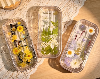 Real Floral Custom Name Funky Glasses Case, yellow, purple, pink flower Sunglasses travel Jewel box Pen/Pencil Pressed Flowers Storage Cases