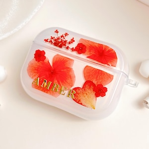 Funda personalizada para AirPods 1, 2, 3, 4 Pro y 2, 3 Pro con flores prensadas reales. Regalo personalizado para ella.