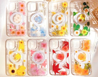 MagSafe pressed flower aesthetic clear Phone case iPhone 17 16 E 15 14 Pro Max plus 13 12 Samsung Galaxy S 23 24 25 26 Ultra cute Cases