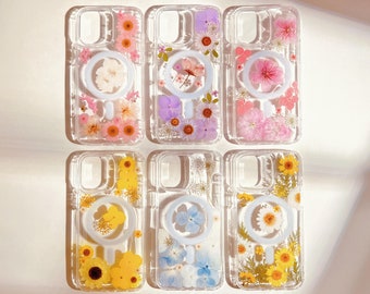 MagSafe Real Flowers Pressed Pink Dried Flower Clear Floral Phone Case iPhone 18 17 16 E 15 14 plus 13 12 Pro Max Samsung s 22 23 24 25 26