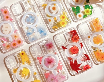 Custodia trasparente MagSafe con fiori pressati fatta a mano per iPhone 17 16 15 14 13 12 Pro Max Plus Samsung Galaxy S 22 23 24 25 Custodie floreali ultra realistiche