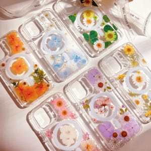 Étui de téléphone esthétique MagSafe fait main avec fleurs marguerites réelles pressées pour iPhone 16 15 14 13 12 11 Pro Max plus étui pour iPhone cadeau pour elle