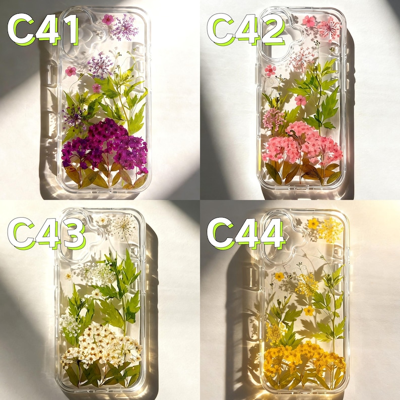 Op de afbeelding: Transparante telefoonhoesjes met geperste bloemen. Elke hoes heeft een andere opstelling van kleurrijke gedroogde bloemen en groene bladeren. De hoesjes zijn gelabeld met C41, C42, C43 en C44.
