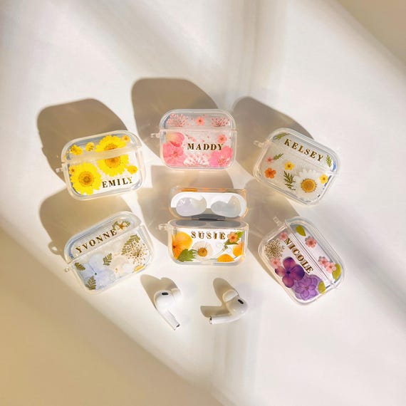 Custom Name Pressed Real Flower Resin Airpods Case, Compatible