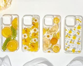 Real Pressed Flower orange dried fruit yellow phone case iPhone 17 16 E 15,14,13,12, mini, ProMax, plus, Samsung Galaxy S 23 24 25 26 Ultra