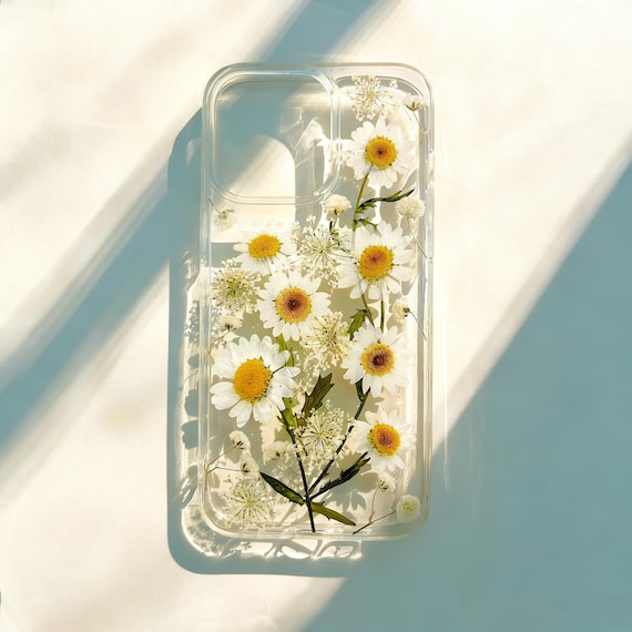 Real Daisy Pressed Flower Clear Floral Phone Case iPhone 17,16 E 15,14,13,12, Pro Max plus Samsung Galaxy S 23 24 25 26 Ultra Flowers Cases