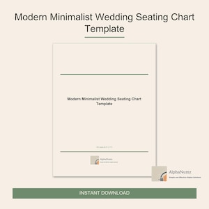 Puede incluir: Una plantilla rectangular de plano de asientos de boda sobre un fondo beige claro con líneas horizontales verde oscuro. El texto dice Modern Minimalist Wedding Seating Chart Template, US Letter (21,59 x 27,94 cm) y AlphaNumz Simple and Effective Digital Solutions.