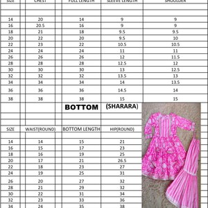 May include: A size chart for a gathered top and sharara set. The chart lists sizes 14 to 38 with corresponding measurements in inches for chest, full length, sleeve length, shoulder, waist, bottom length, and hip.
