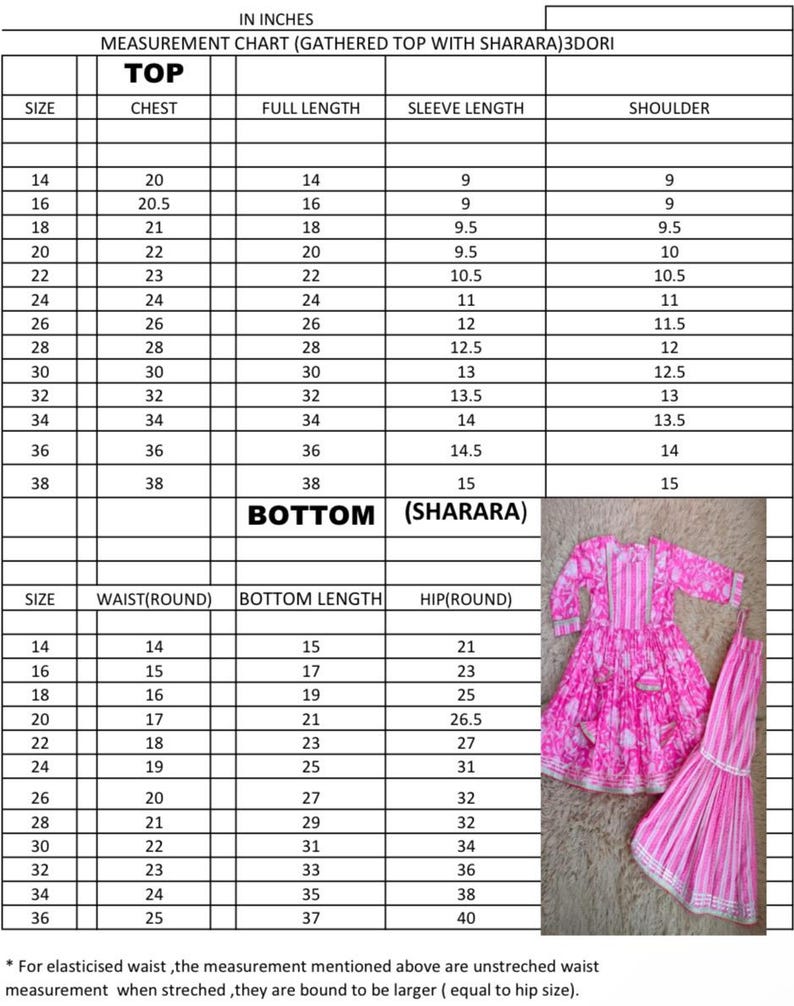 May include: A size chart for a gathered top and sharara set. The chart lists sizes 14 to 38 with corresponding measurements in inches for chest, full length, sleeve length, shoulder, waist, bottom length, and hip.