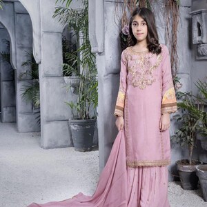 May include: A young girl wearing a pink long-sleeved dress with gold embroidery and a matching pink dupatta. The dress has a layered skirt and gold trim. The girl is standing in front of a gray stone wall with plants and flowers.