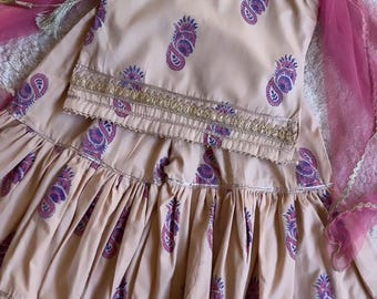 Girls Lilac Cream Block Print Gharara with Sleeves