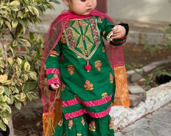 Girl Green Pom Pom Gharara, Sharara with Pouch ages 2-11 yrs